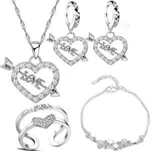 💎 Heart 925 Sterling Silver Necklace Earrings Bracelet And Ring Adjustable Set